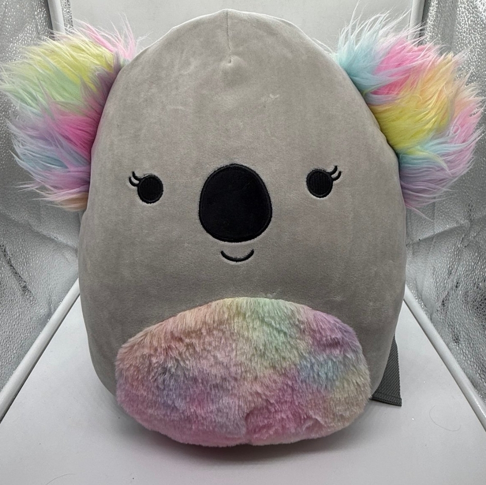 Gray Koala Plush Pillow with Rainbow Accents